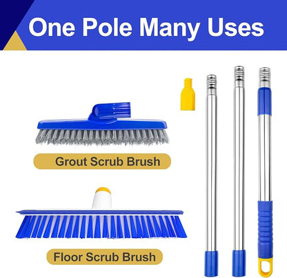 12" Wide Floor Scrub and Grout Brush Set With Long Extendable Handle - Stiff Bristle Heavy Duty Cleaner for Tile, Deck, Garage, Kitchen, Bathroom
