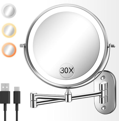 30X/1X 8 Inch Wall Mounted Magnifying Makeup Mirror with Light for Bathroom | 3500mAh Double Sided Rechargeable LED Lighted Vanity Mirror with Magnification 3 Color Light up Extended Arm 360 Rotation