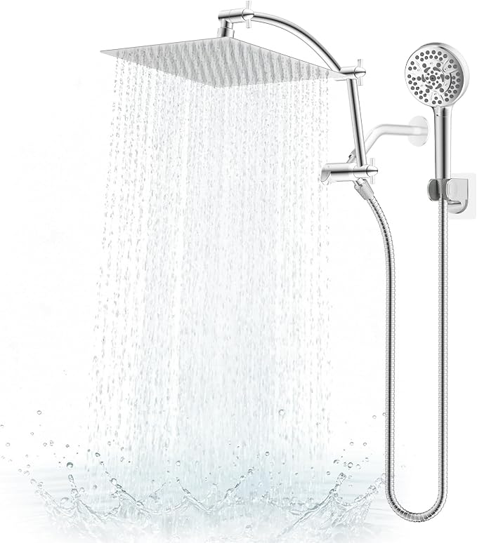 Hibbent All Metal 12" High Pressure Rain Shower Head Combo, Chrome | cUPC Certified Rainfall Shower Head with handheld 10 Sprays, 16'' Adjustable Extension Arm, 71'' Hose, Showerhead Holder