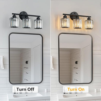 Modern 3 Light Crystal Vanity Light, Black Vertical Bathroom Light Fixture Over Mirror for Dressing Table Sink, Compatible with Dimmable Bulbs (Bulbs Not Included)