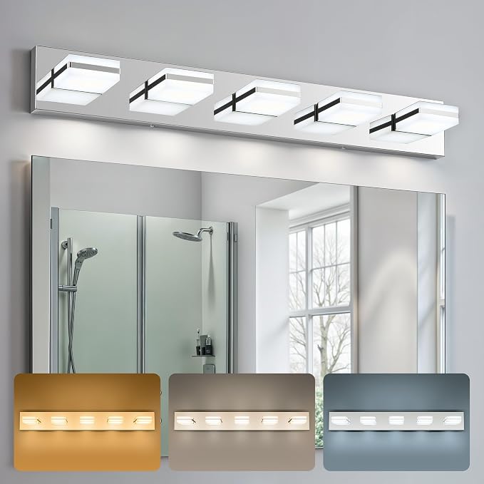 VONLUCE LED Modern Bathroom Vanity Light Fixture, Chrome | 34'', 5-Light, 3CCT, 360° Rotate, High CRI, Flicker-free, Dimmable, Memory Function, Waterproof IP44, Easy Installation