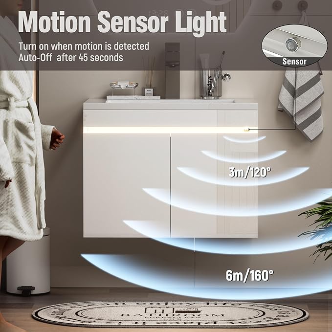 Spurgehom 24 inch Bathroom Vanity with Sink and Faucet, Floating Vanity Bathroom Cabinet with Night Light Motion Sensor, Modern Wall Mounted Bathroom Storage Cabinet, Soft-Close System, White