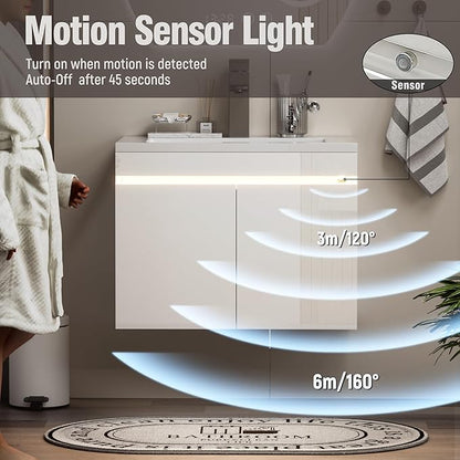 Spurgehom 24 inch Bathroom Vanity with Sink and Faucet, Floating Vanity Bathroom Cabinet with Night Light Motion Sensor, Modern Wall Mounted Bathroom Storage Cabinet, Soft-Close System, White