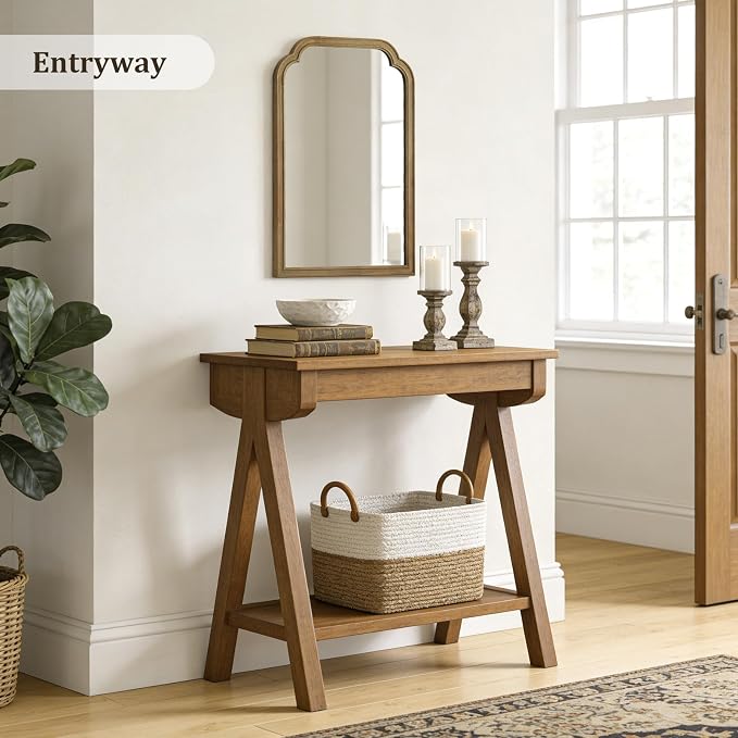 Wood Frame Wall Mirror Rounded Corner Arch Rectangle Mirror for Entryway, Living Room or Bedroom Home Decor - Light Woodgrain [20" x 30" Natural ]