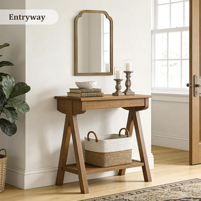 Wood Frame Wall Mirror Rounded Corner Arch Rectangle Mirror for Entryway, Living Room or Bedroom Home Decor - Light Woodgrain [20" x 30" Natural ]