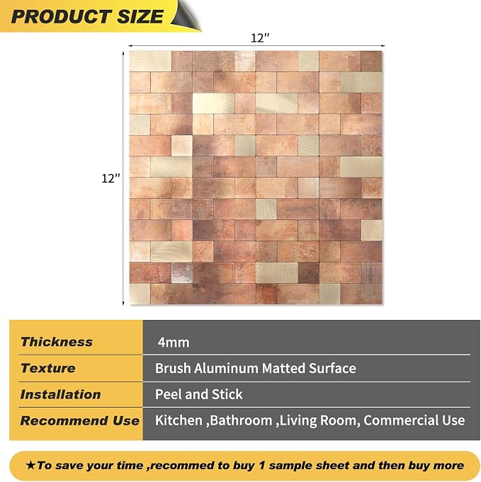 Yipscazo Peel and Stick Backsplash Tile, Stick on Stainless Steel Backsplash Metal Tiles for Kitchen Walls in Copper (12''x12'',20 Sheets)