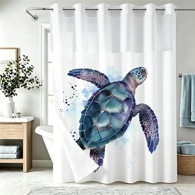 Funny Sea Turtle Shower Curtains Ocean Animal Cartoon Kids Theme No Hook Waffle Weave Shower Curtain with Snap in Liner Polyester Fabric Bathroom Decor Set 72 W x 74 H Inch Teal Purple