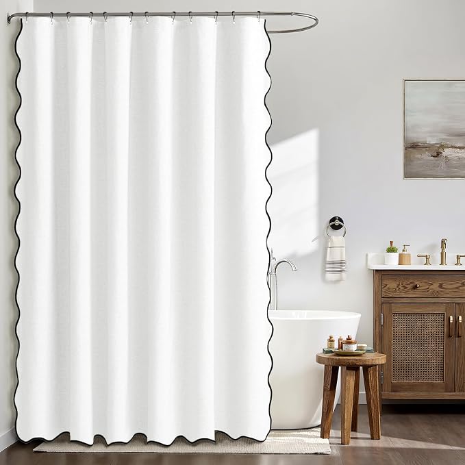 MIULEE 72"x90" Extra Long Scalloped Polyester Shower Curtain White | Linen Textured, Waterproof, Washable, 12 Metal Hooks, Heavy Duty Cloth, Black Border, Shower Curtain for Bathroom Bathtub