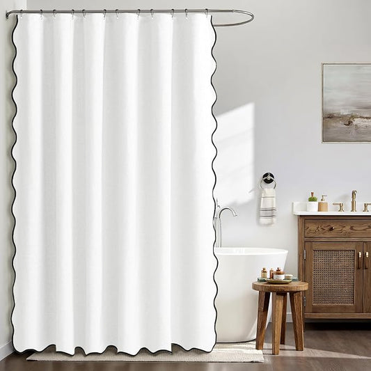 MIULEE White Scalloped Linen Shower Curtain 72x78 Inches | Linen Textured, Waterproof, Washable, 12 Metal Hooks, Heavy Duty Cloth, Black Border, Shower Curtain for Bathroom Bathtub