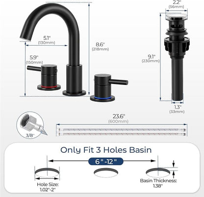 Black 8 Inch Widespread Bathroom Faucet 3 Hole with Pop-up Drain | 2 Handle, 8 Inch 3 Hole Sink, 360° Swivel Spout, RV Vanity, Quick Connect, Supply Hoses, NSF372 NSF61 cUPC