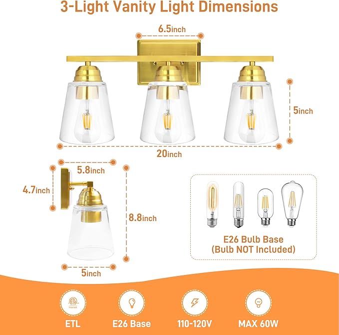hykolity 3-Light Vanity Light Fixture, 5-Piece All-in-One Bathroom Set with Towel Bar, Ring, Robe Hook & Toilet Paper Holder for Bathroom Mirror Lighting, Gold Wall Light with Glass Shade
