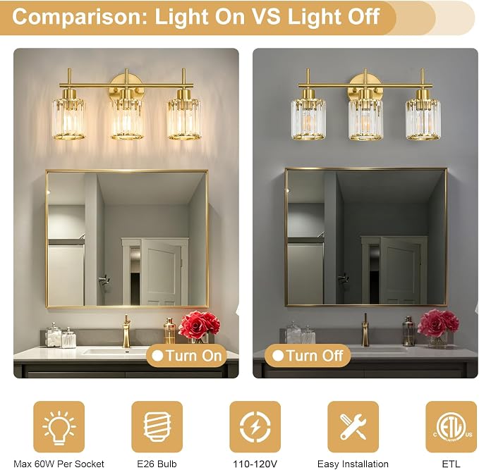 Brushed Gold Bathroom Light Fixtures, Round, 3-Light | Vanity Lights with Crystal Shades, Modern Bathroom Lighting Fixtures over Mirror (Bulbs Not Included, E26)