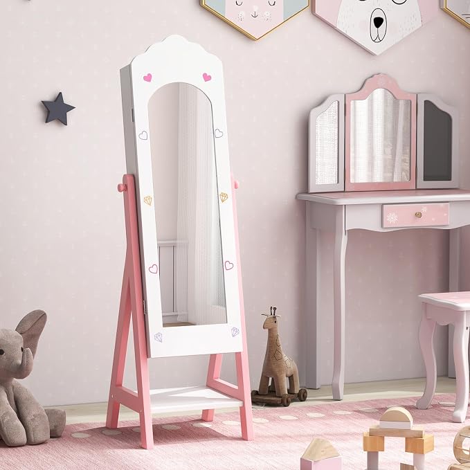 CHARMAID Kids Jewelry Organizer with Full Length Mirror, Standing Jewelry Armoire with Drawers and Storage Shelves, Kids Dress Up Mirror Jewelry Cabinet for Girls Gift (White)