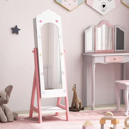 CHARMAID Kids Jewelry Organizer with Full Length Mirror, Standing Jewelry Armoire with Drawers and Storage Shelves, Kids Dress Up Mirror Jewelry Cabinet for Girls Gift (White)