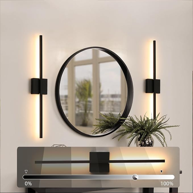 Black Wall Sconces Set of Two, 28 Inch Dimmable LED Bathroom | Wall Sconce Modern Black Sconces Set of 2 for Bathroom, Living Room, Bedroom, Hardwired 3000K (2 Pack)