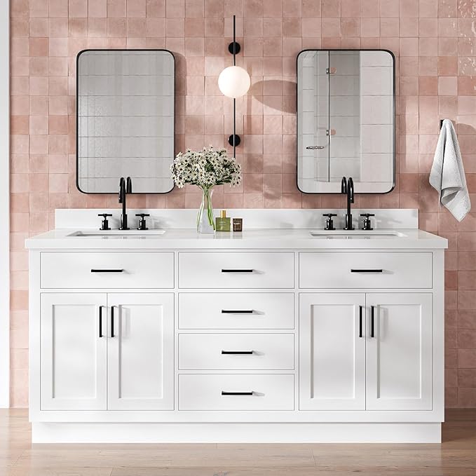 DKB Isabella 72 Inch Bathroom Vanity Double Sink — White Bathroom Vanity with Sink, 1.5" Edge Pure White Quartz Countertop, 4 Soft-Close Doors, 4 Dovetail Drawers, and 2 Tilt Drawers