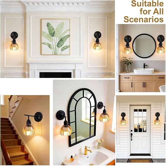 Vintage Wall Sconces with Cute Amber Tulip Glass Lampshade, Black Wall Sconces Hradwired Modern Wall Lighting Fixture with Switch for Bedside Bedroom Living Room Wall Decor