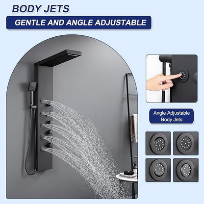 ROVATE 4-in-1 Rainfall Waterfall Shower Panel Tower System, Matte Black | Shower Column with Body Massage Jets and Handheld, Stainless Steel High Pressure, Use Multiple Functions Simultaneously