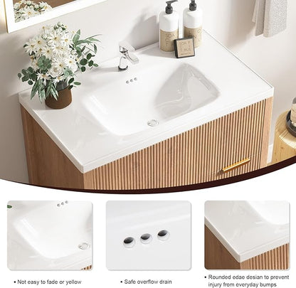 Bathroom Vanity with Sink, 32 Inch Single Bathroom Vanity with Sink with Storage Cabinet, 2 Drawers & 2 Doors, Solid Wood Storage Cabinet with Ceramic Basin for Bathroom, Nature Oak