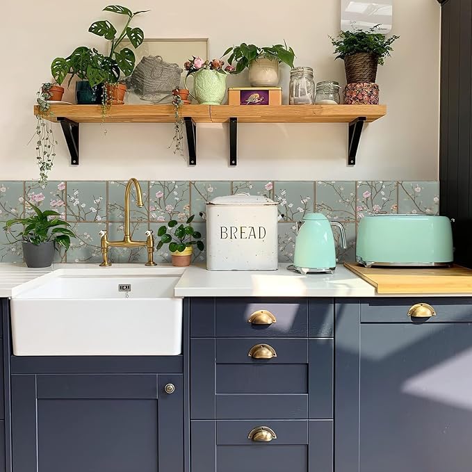 Alwayspon Vinyl Sticker Peel and Stick, Self-Adhesive Wall Tile Transfers Backsplash Sticker Decal for Kitchen Bathroom, 6x6inch/15x15cm 30Pcs, Green Floral T042