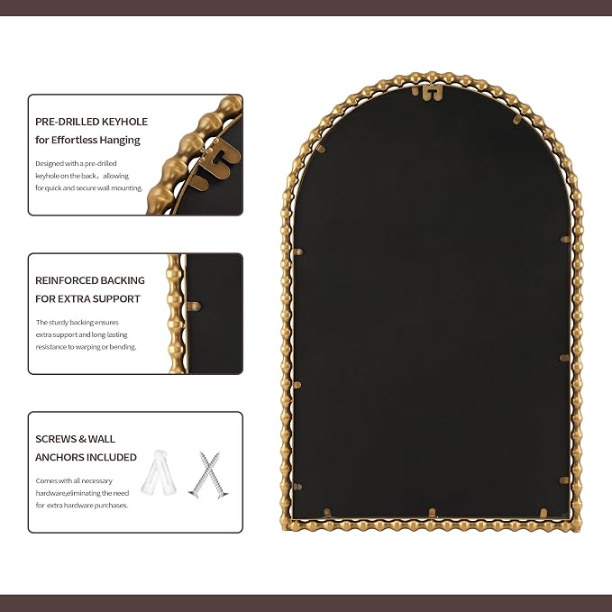 24"x36" Antique Gold Arched Bathroom Mirror, Bold Beaded Frame | Vintage decorative wall mirror for vanity, powder room, entryway, living room, bedroom, and hallway, vertical hanging