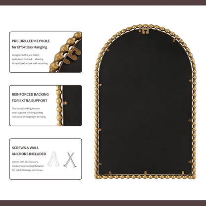 24"x36" Antique Gold Arched Bathroom Mirror, Bold Beaded Frame | Vintage decorative wall mirror for vanity, powder room, entryway, living room, bedroom, and hallway, vertical hanging