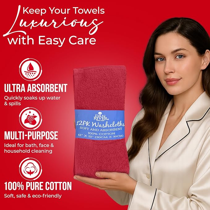 DAN RIVER 12 Pack Cotton Wash Cloths Set for Showering [12x12] Red | Lighter Weight, Quick to Dry, Super Soft & Absorbent Face Towels, Hotel Quality, Perfect for Bathroom, Gym, Spa
