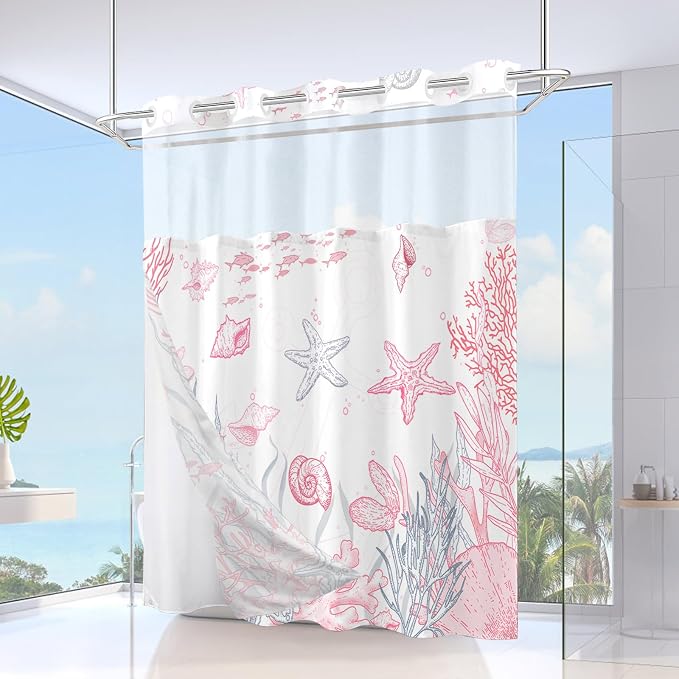 No Hook Shower Curtain and Liner Set, Pink Beach Coastal 71x84 | Nautical Ocean for Bathroom, with Snap in Liner Replacement, Mesh Top Window, Waterproof, Machine Washable, Quick-Drying