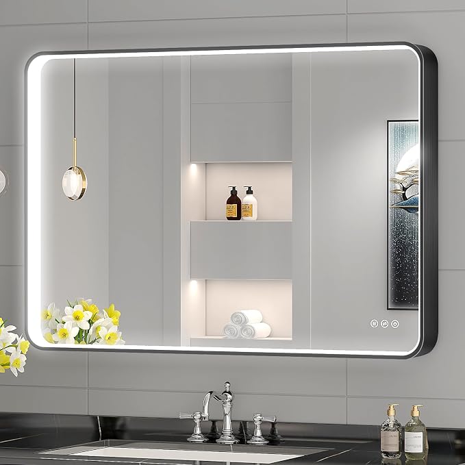 LED Mirror for Bathroom 40X28 Inch Black Framed with Anti-Fog, Stepless Dimmable, Front Lit, LED Bathroom Vanity Mirror for Wall, Memory Function, Shatter-Proof