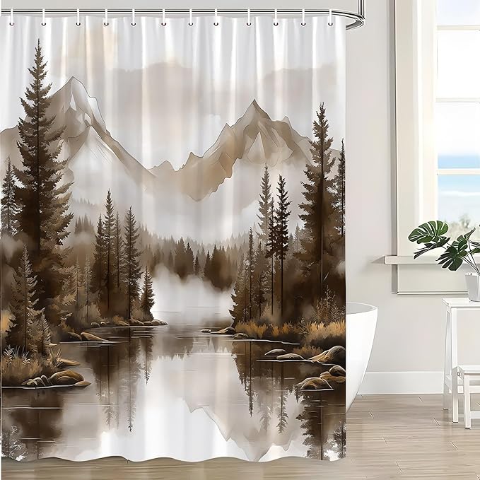 Brown Misty Forest Shower Curtain Mountain Foggy Pine Trees Landscape Watercolor Jungle Plant Rustic Nature Scenery Lake Fabric Bathroom Curtain Set with Hook