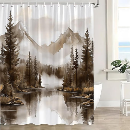 Brown Misty Forest Shower Curtain Mountain Foggy Pine Trees Landscape Watercolor Jungle Plant Rustic Nature Scenery Lake Fabric Bathroom Curtain Set with Hook