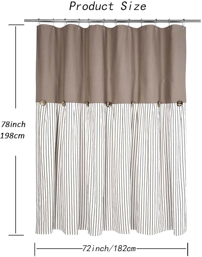 DOSLY Ides Farmhouse Taupe Shower Curtain, Taupe and Brown Stripe, Button Curtain, Cotton Blend and Cotton Woven Fabric, Rustic Charm Country Chic Style, 72x78 in, Bathroom