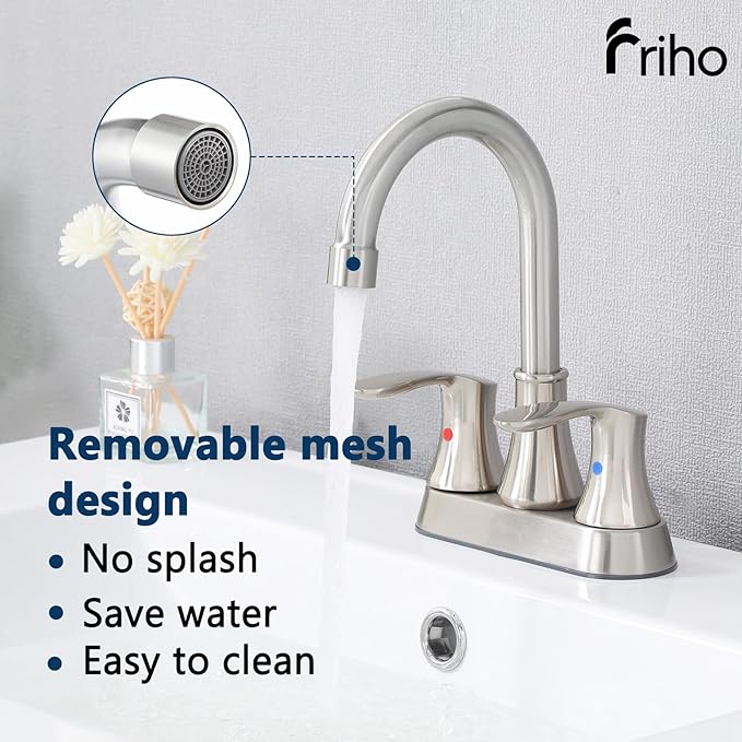 Friho 4 Inch Centerset Bathroom Faucet, Brushed Nickel Bathroom Faucets for Sink 3 Hole, Lead-Free 2 Handle Stainless Steel RV Bath Vanity Faucet with Pop-up Drain and Supply Lines