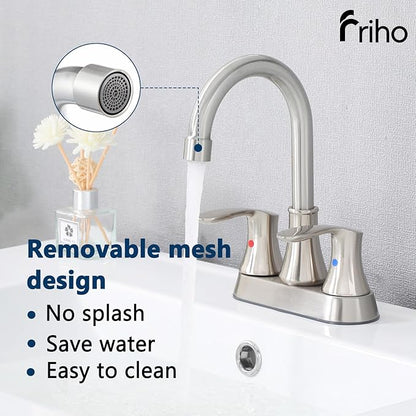 Friho 4 Inch Centerset Bathroom Faucet, Brushed Nickel Bathroom Faucets for Sink 3 Hole, Lead-Free 2 Handle Stainless Steel RV Bath Vanity Faucet with Pop-up Drain and Supply Lines