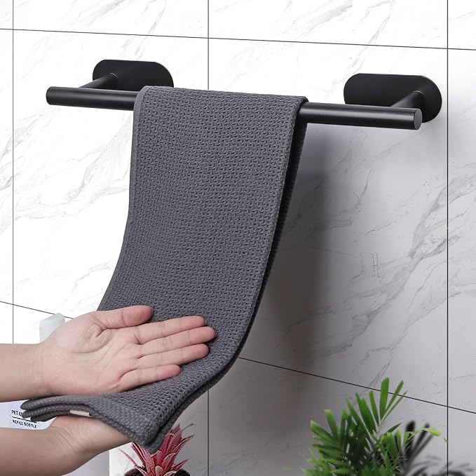 JiGiU Self Adhesive Towel Bar, Wall Mount No Drill Bathroom Hardware Set | With 16" Bath Towel Bar,Toilet Paper Holder Towel Ring & 3-Pack Towel Hooks Stainless Steel Sticky on Towel Holder Kit-Black