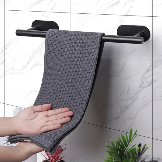 JiGiU Self Adhesive Towel Bar, Wall Mount No Drill Bathroom Hardware Set | With 16" Bath Towel Bar,Toilet Paper Holder Towel Ring & 3-Pack Towel Hooks Stainless Steel Sticky on Towel Holder Kit-Black