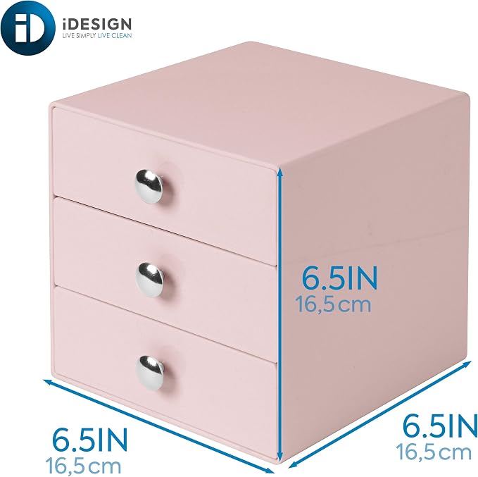 iDesign Plastic 3-Drawer Jewelry Box, Pink, 6.5" x 6.5" x 6.5" | Compact Storage Organization, For Cosmetics, Dental Supplies, Hair Care, For Bathroom, Office, Dorm, Desk, Countertop