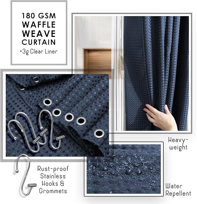 Clara Clark Bathroom Set, Shower Curtain Set, Bathroom Accessory Set | 20 Piece Navy Blue Bathroom Accessories Set with Toothbrush Holder, Soap Dispenser, Soap Dish, Toilet Brush, and Trash Can