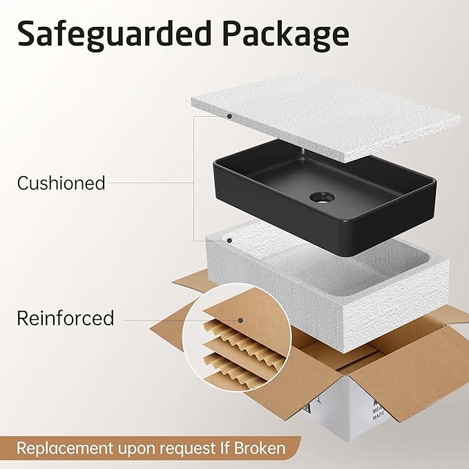 KES Matte Black 20 Inch Bathroom Vessel Sink Above Counter Rectangular Countertop Sink for Cabinet Lavatory Vanity, Ceramic, BVS123S50-BK