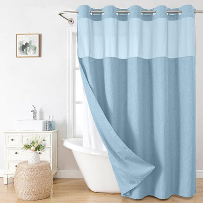 eachope No Hook Fabric Shower Curtain with Snap-in Liner,71x74 Fog Blue | Linen Texture,230GSM Thick Fabric,Hotel Luxury Decor,Mesh Window,Bottom magnetic ,Waterproof & Machine Washable,for Bathroom