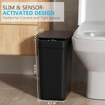 Bathroom Small Trash Can with Lid, Automatic Garbage Can, 2.6 Gallon | 3 Pack Touchless Slim Waterproof Motion Sensor Smart Trash Bin for Bedroom, Office, Living Room-Black