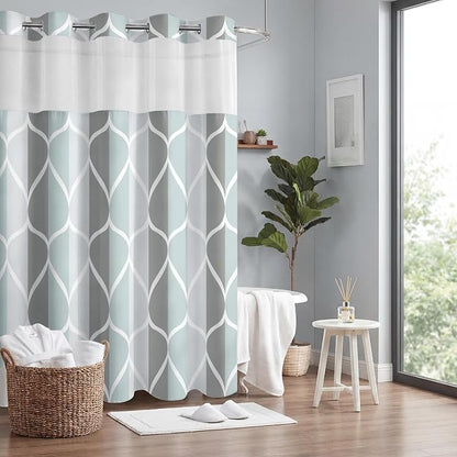 Gelbchu Gray No Hook Shower Curtain with Snap-in Liner, 71 x 80 Inch | Built-In Hooks, Mesh Top Window, Water-Repellent, Machine Washable, Quick Drying, Premium Polyester, Hotel Style, Modern