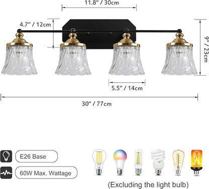 Vintage Bathroom Vanity Light Fixtures, Black and Gold 4-Light Vanity Light, Antique Bathroom Lighting Fixtures Over Mirror with Crystal Glass Shade, Vanity Lights for Bedroom Living Room Hallway