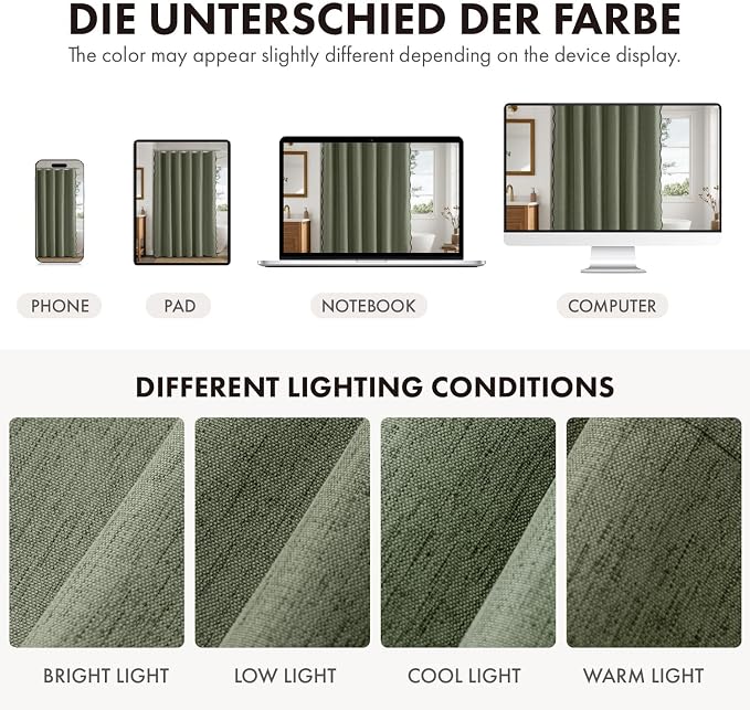 ANRODUO Olive Green Scalloped Linen Textured Shower Curtain, W72 x L96 | Boho Farmhouse Shower Curtain with 12 Metal Hooks, Machine Washable Waterproof Heavy Duty Fabric for Bathroom Bathtub
