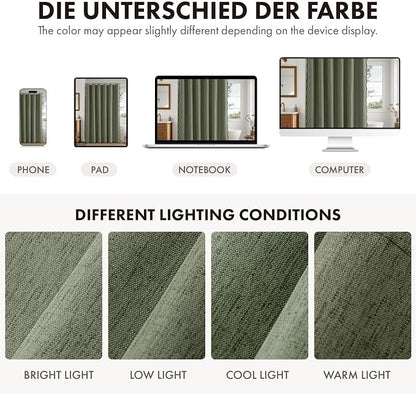 ANRODUO Olive Green Scalloped Linen Textured Shower Curtain, W72 x L90 | Boho Farmhouse Shower Curtain with 12 Metal Hooks, Machine Washable Waterproof Heavy Duty Fabric for Bathroom Bathtub