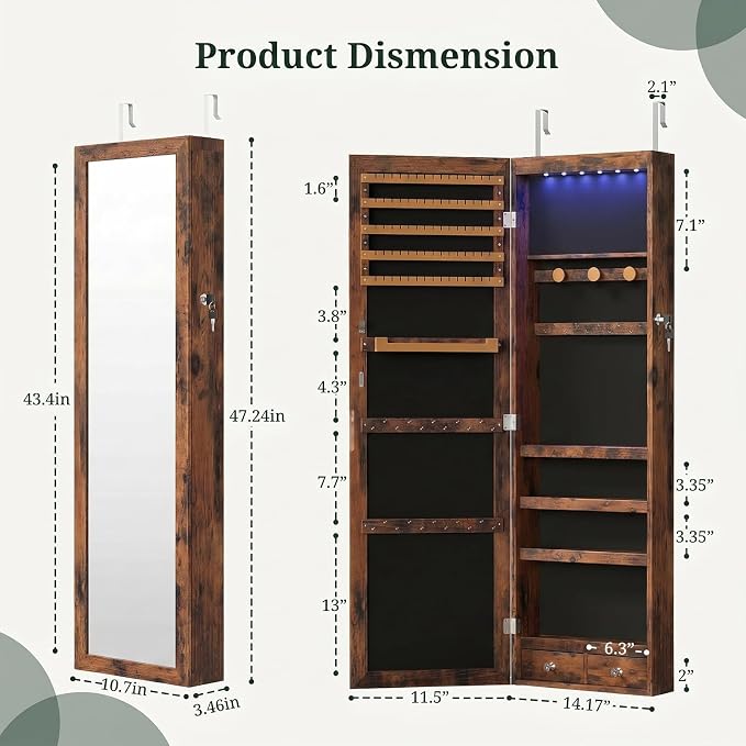 Jewelry Armoire, 47.2" Tall Lockable Jewelry Organizers and Storage Cabinet with Full-Length Mirror, 6 LEDs Mirror Jewelry Cabinet, Wall or Door Mounted Jewelry Storage for Women Bedroom, Gift Idea