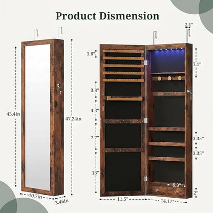 Jewelry Armoire, 47.2" Tall Lockable Jewelry Organizers and Storage Cabinet with Full-Length Mirror, 6 LEDs Mirror Jewelry Cabinet, Wall or Door Mounted Jewelry Storage for Women Bedroom, Gift Idea
