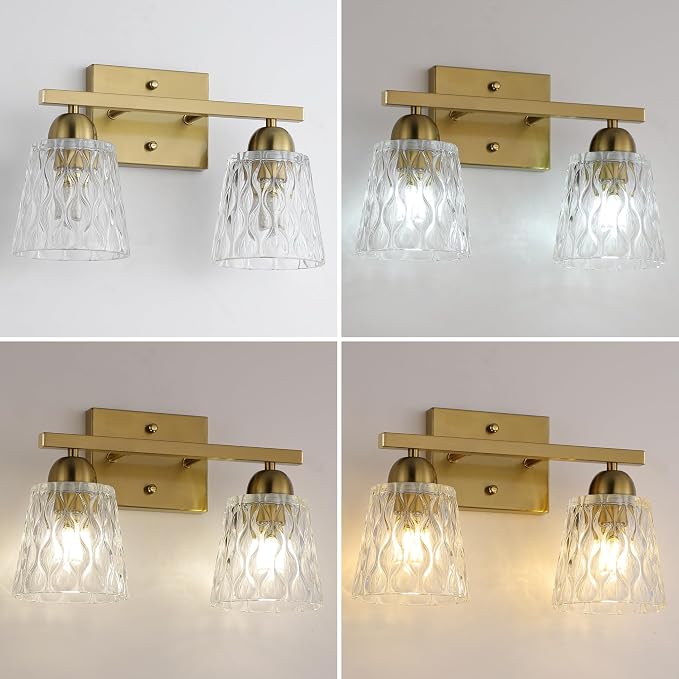 Mecgirn Stainless Steel Bathroom Vanity Light Over Mirror, 2 Light Brushed Gold Bathroom Light Fixtures with Textured Glass Shades, Modern Vanity Lighting Wall Mount