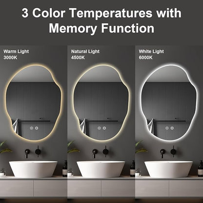 Irregular LED Bathroom Mirror with Lights,Asymmetrical Led Bathroom Vanity Mirror for Wall with Backlit, Anti Fog, 3 Colors and Dimmable Light,[Horizontal/Vertical] 30" H x 22" W