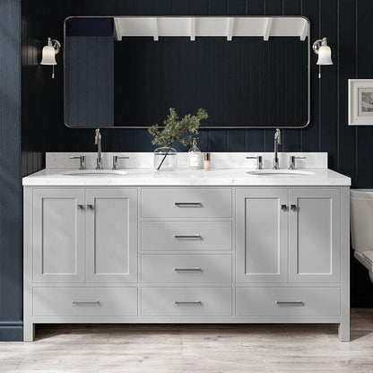 ARIEL Cambridge 72-inch Bathroom Vanity with Sink,Solid Wood, 1.5-inch Carrara White Quartz Countertop & Backsplash, Double Oval Porcelain Sink, 4 Soft Closing Doors, 6 Dovetail Drawers, Grey